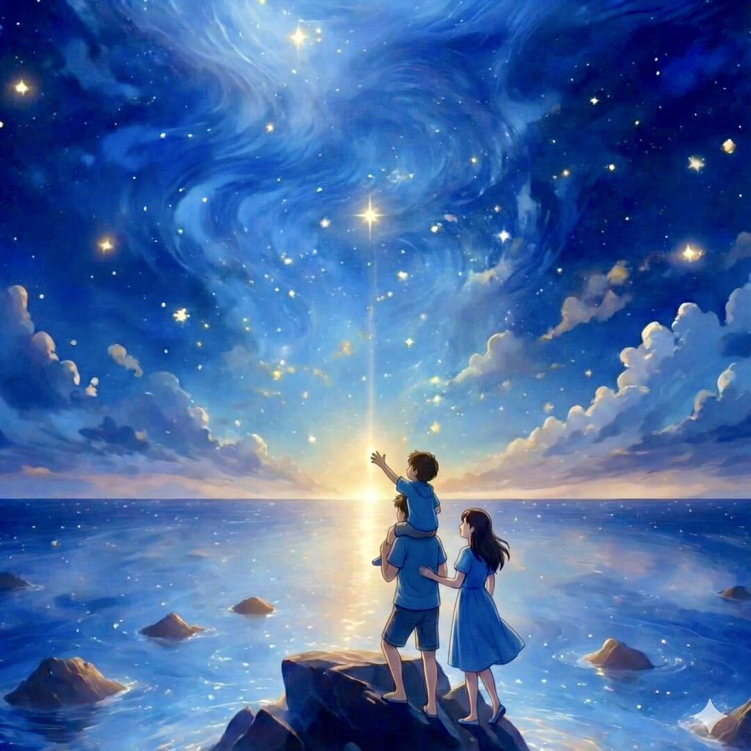 一家三口站在海边仰望星空的插画